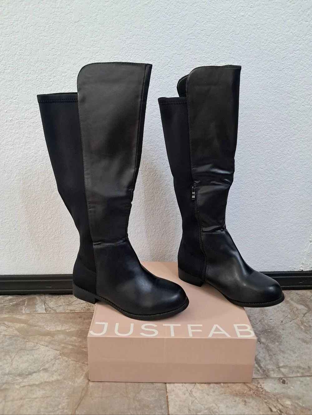 Just Fab Tinsley Boots 9 Black Knee High Round Toe Whimsigoth Biker Equestrian